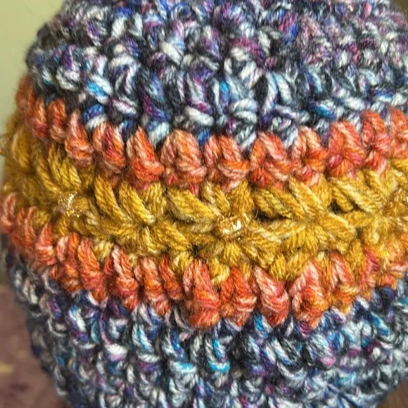 Colorful Knit Beanie with Blue Flower Accent medium soft acrylic yarn new - Picture 7 of 10